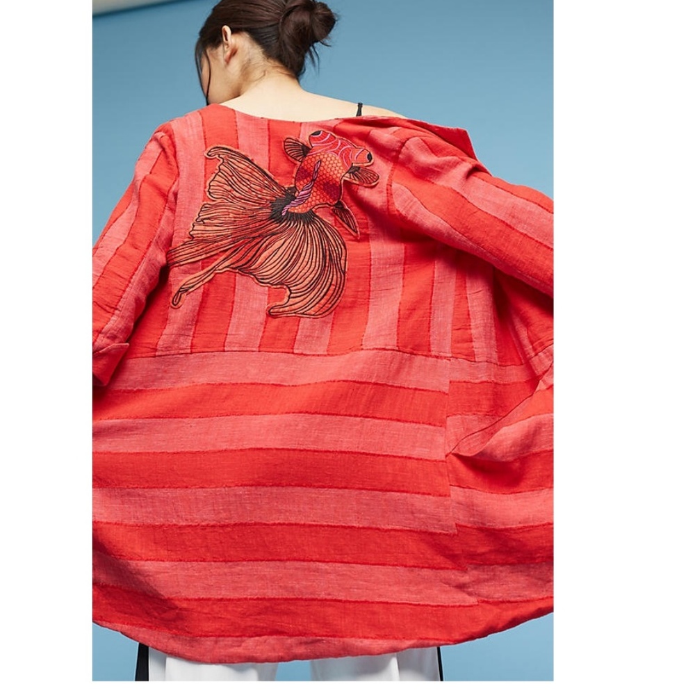 HTF Anthropologie Red Striped Kimono with Fish Embroidery
